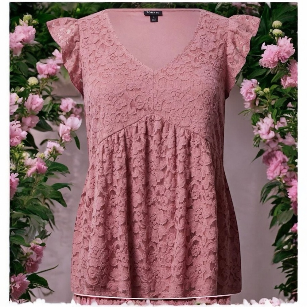 NEW Torrid Stretch Lace V-Neck‎ Ruffle Babydoll Top Color Foxglove Size 2X